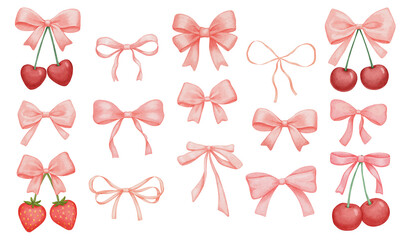 Coquette pink bow drawings set, isolated watercolor illustration, cute red lace ribbon and cherry