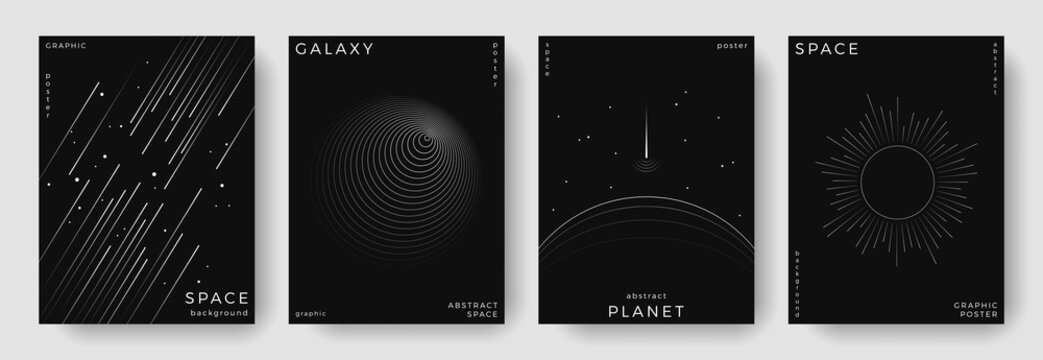 Set of abstract space astronomy backgrounds. Line art planet, galaxy, black hole, solar system, meteorite. Science future concept. Cosmic minimalist design for cover, poster, banner, flyer, brochure
