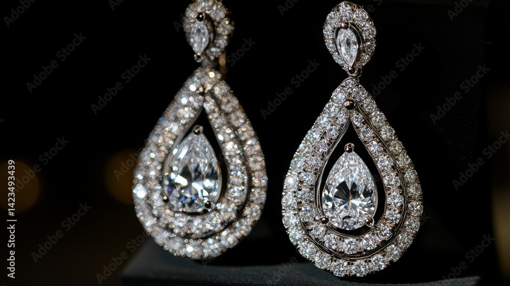 Poster a close-up of a pair of diamond drop earrings, showcasing the sparkle of the gems and the intricate 