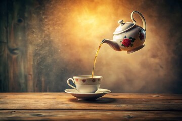 Vintage Teapot & Cup Mid-Air Collision: Whimsical Falling Tea Party Stock Photo