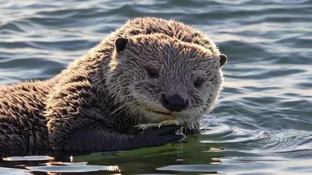 North american river otter, also known as the northern river otter or common otter, floating on its back while skillfully holding and consuming a fish in its paws