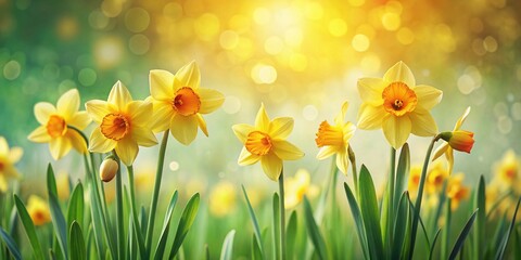 Obraz premium Vintage Spring Daffodils: Bokeh Green Landscape Background