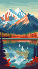 Retro Canada Travel Poster: Mountain Lake Landscape for Summer Holidays