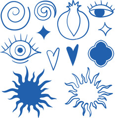 Vector traditional Turkish Mediterranean ornamental and floral motifs and other decorative elements such as eyes, sun, heart