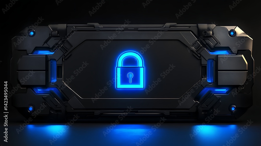 Poster secure technology data storage with glowing padlock and futuristic design