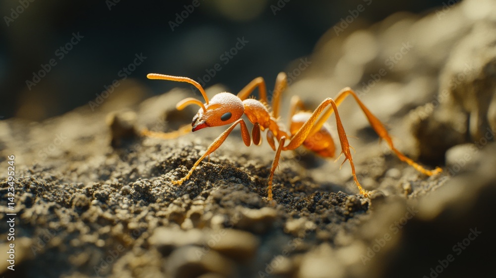Poster a close-up of a worker ant on a rough surface, capturing the texture of its body and the surface det