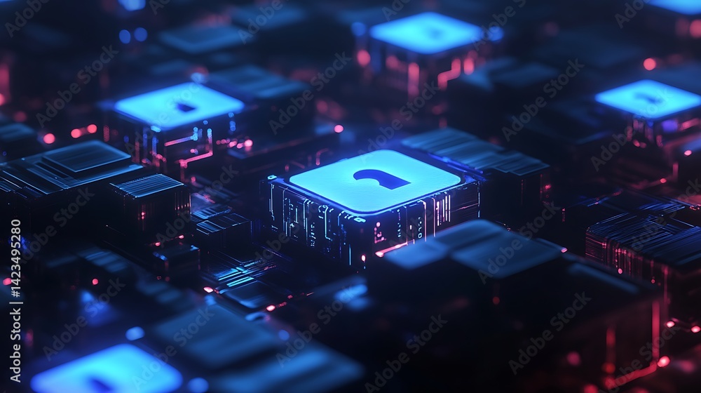 Aufkleber lock icon glowing on a futuristic circuit board for data security