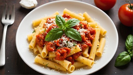 A Delicious Plate of Pasta: Rigatoni with Fresh Tomato Sauce, Basil, and Grated Cheese Makes for a Delightful Italian Meal.