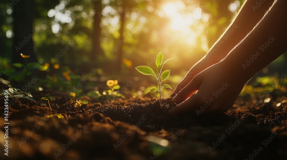 Poster a close-up of hands gently placing a young sapling into the soil, with soft sunlight streaming throu