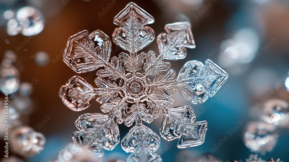 Poster a detailed close-up of a complex snowflake.
