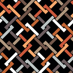 Seamless abstract geometric pattern with orange, brown, and white interlocking squares and lines on a black background. Intricate decorative grid. Retro design style. Vector illustration. 