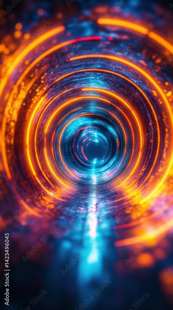 Poster vibrant tunnel of light with glowing circular patterns in a digital landscape showcasing futuristic 