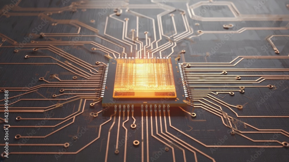 Poster close-up view of modern semiconductor, focusing on a central processing unit (cpu) chip with intrica