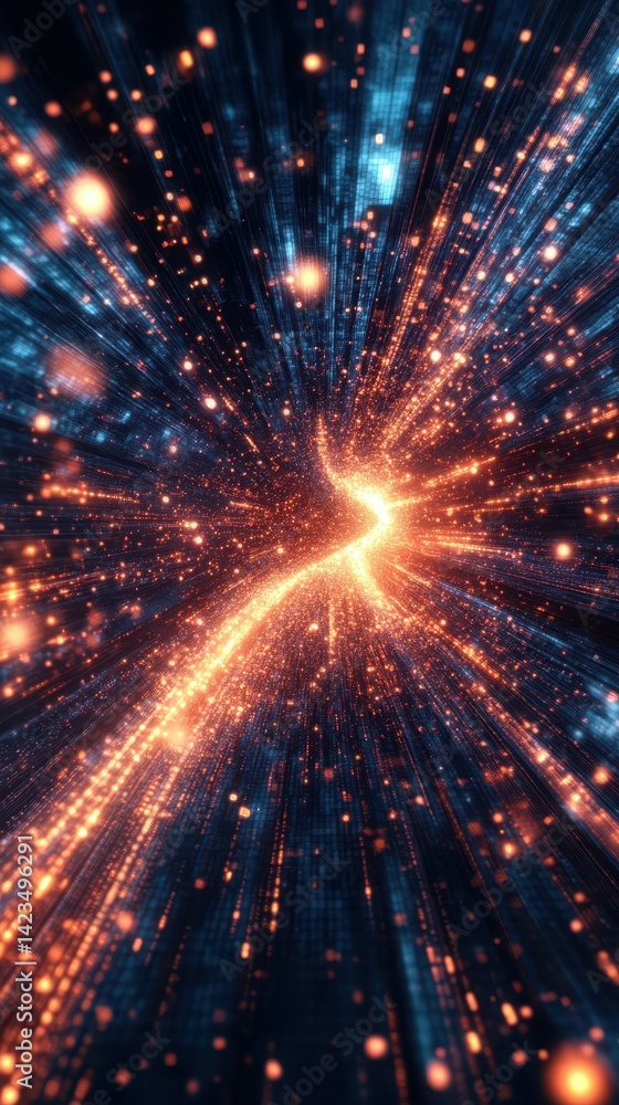 Poster colorful digital explosion of light and particles creating a cosmic effect in a dark background