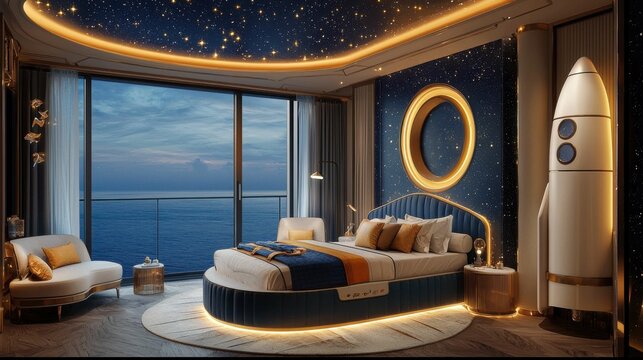 A modern bedroom with a starry ceiling, ocean view, and sleek design elements including a rocket lamp.