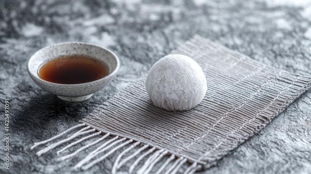 Poster a close-up shot of a single daifuku on a textured fabric, with a small bowl of sweet red bean paste 