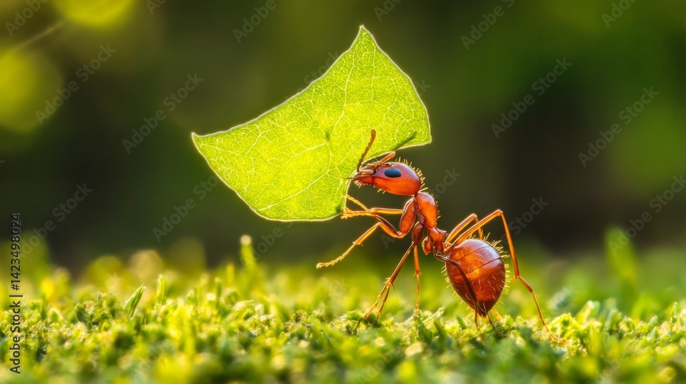 Poster a close-up view of an ant carrying a tiny leaf, showcasing its intricate body structure and details,