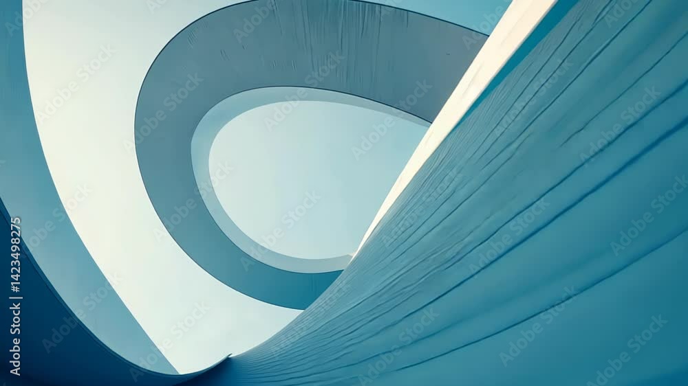 Poster exploring the elegance of modern architecture through intricate curves and vibrant skies in a striki