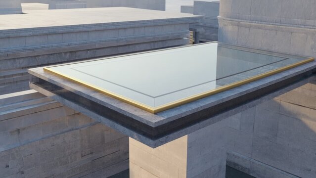 Artistic modern design with reflection of cube, creating intriguing visual depth in a contemporary urban setting.