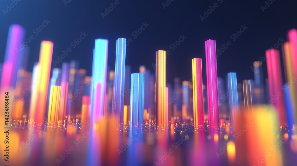 Aufkleber A colorful D bar chart with tall, gradient-colored bars rising from a digital financial dashboard, with numbers softly glowing in the background