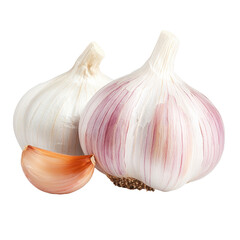 Obraz premium Fresh whole garlic bulb with a peeled clove isolated on transparent background, close-up view of fresh edible aromatic vegetable ingredient for cooking.