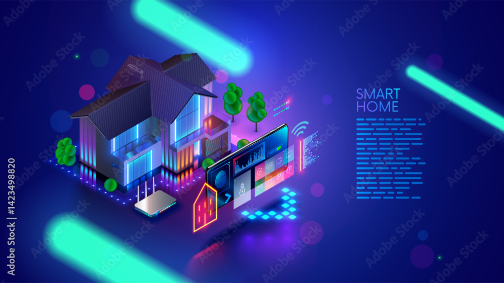 Poster Smart home controlled smartphone. Internet of things technology of home automation system. Small house standing on screen mobile phone and wireless connections with icons home electronics devices. iot