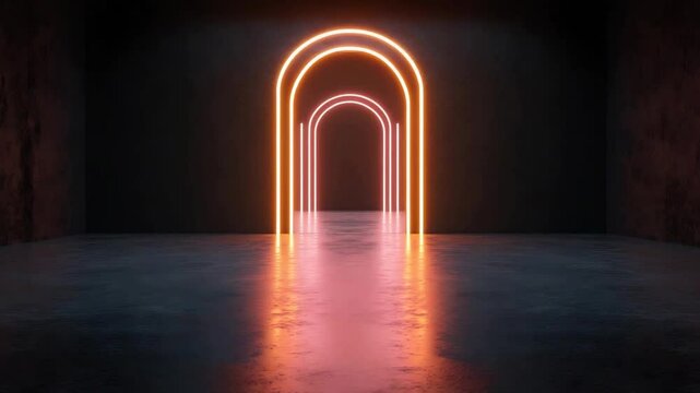 Neon archways illuminate a dark, reflective space, creating a vibrant, modern atmosphere