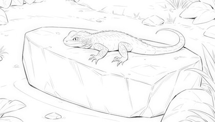 Naklejka premium A detailed sketch of a lizard relaxing on a rock basking in the sun, reflecting its calm behavior in its natural environment. Alphabet Letter Coloring Page