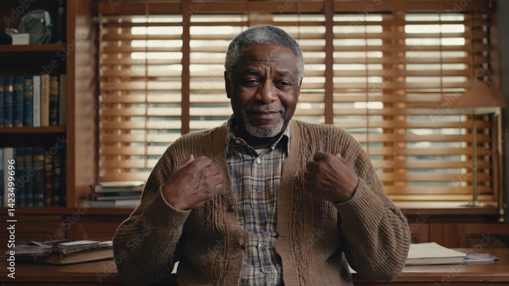 Poster a man in a brown sweater is sitting at a desk with a bookcase behind him. he is smiling and he is ha