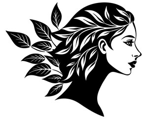 Beautiful woman with flower in hair vector silhouette illustration isolated on white background
