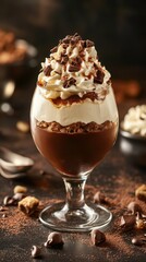 Delicious dessert with chocolate and whipped cream served in a glass after dinner