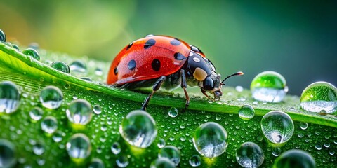 Fototapeta premium Vibrant Ladybug on Green Leaf with Dew Drops - Macro Photography