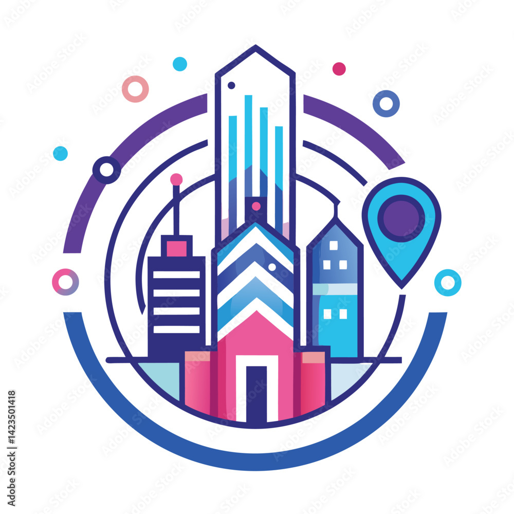 Poster modern minimalist logo design representing a smart cities platform with iconic buildings and a direc