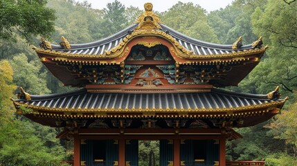 Obraz premium Intricate Japanese Temple Roof with Golden Detailing