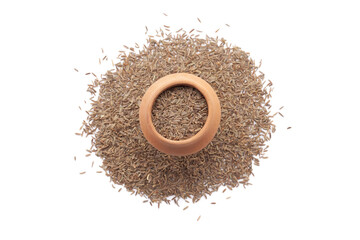 A mud pot filled with organic Caraway seeds (Carum carvi) is placed on a heap of Caraway seeds, isolated on a white background.