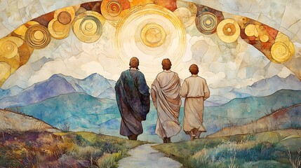 Jesus in center flanked by two disciples, walking the road to Emmaus in a tranquil Art Nouveau composition, valley behind them painted in swirling lines and floral elements,