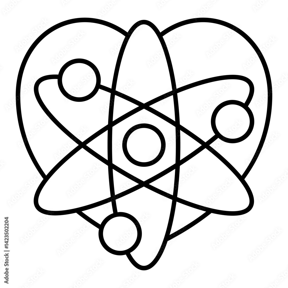 Poster heart shape with atom thin line icon, laboratory experiment concept. vector graphics. atom structure