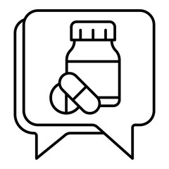 Speech bubble with medication pills thin line icon, clinical research concept. Vector graphics. Plastic bottle with capsule, pills sign on white background, linear style for mobile or design.