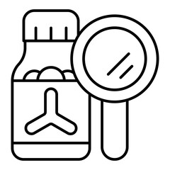 Bottle with magnifier thin line icon, clinical research concept. Vector graphics. Pharmacy test, jar sign on white background, linear style for mobile or design.