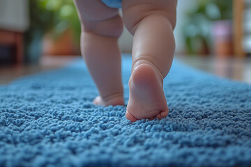 Naklejka premium Generative AI Close Up of Baby Walking Outdoors in Blue Shoes on Autumn Pathway