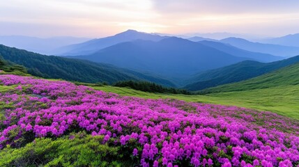 Stunning mountain vista with vibrant pink flowers