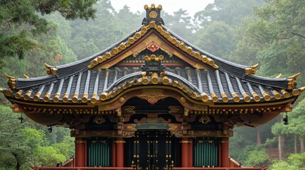 Intricate Japanese Temple Roof with Golden Detailing