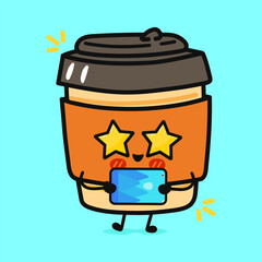 An adorable Coffee cup character using a tablet with star eyes and a big smile on a bright blue background.