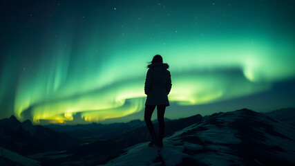 Northern lights and woman on mountain peak at night. Aurora borealis and silhouette of alone girl on mountain trail. Landscape with polar lights. Sky with stars and bright aurora. Generative AI