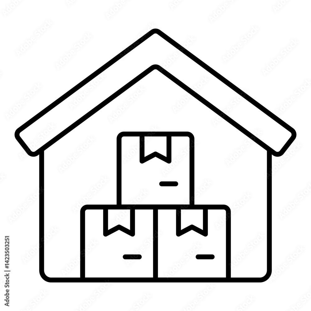 Poster warehouse with boxes thin line icon, delivery concept. vector graphics. building and product boxes, 