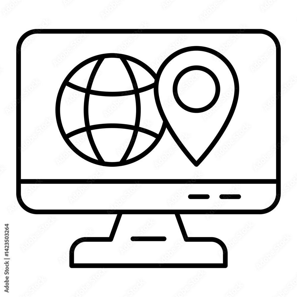Poster monitor with globe and location pin thin line icon, world delivery concept. vector graphics. display