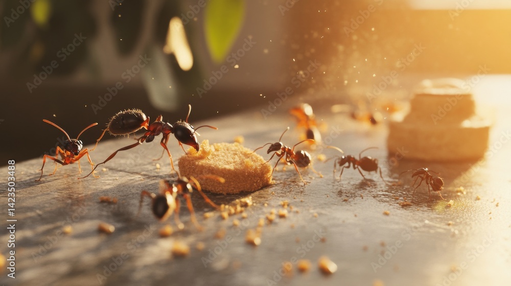 Aufkleber a detailed image of ants crawling on a crumb of food on a kitchen counter, capturing their movement 