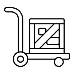 Trolley with wooden box thin line icon, delivery service concept. Vector graphics. Freight transportation sign on white background, linear style for mobile or design.