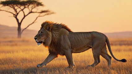 Obraz premium Lion walking across dry grass at sunset with silhouette of tree and rock formation in background.