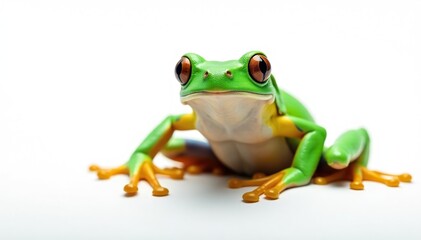 Obraz premium Green tree frog perched on white, vibrant colors, closeup, white, reptile